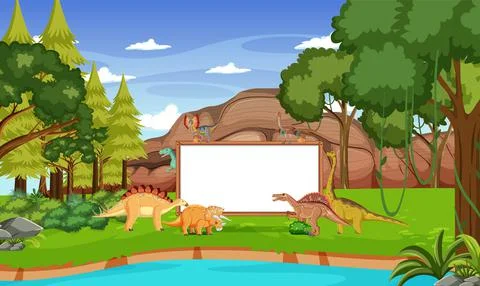 Prehistoric forest with empty board and dinosaur Stock Illustration