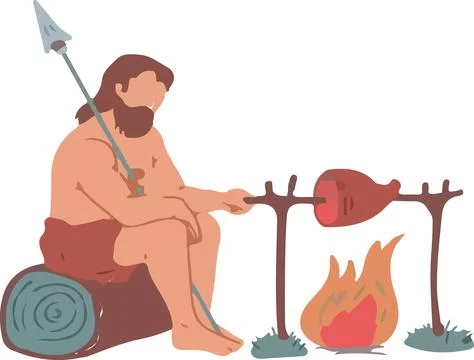 A prehistoric human sits next to a fire, holding a spear Illustrazione stock