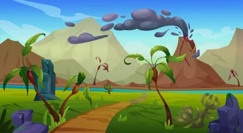 Prehistoric landscape with volcanic eruption Stock Illustration