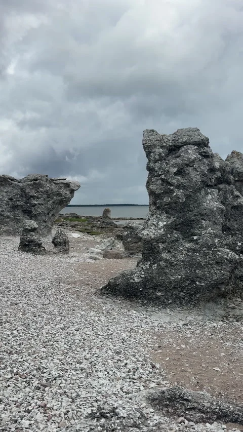 Prehistoric Limestone Raukar Formations on Pebble Coast Gotland Stock Footage 344613999