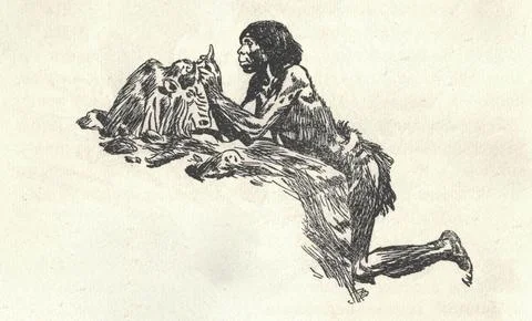 A prehistoric man makes a figure of a bison. Old black and white illustrati.. Illustrazione stock