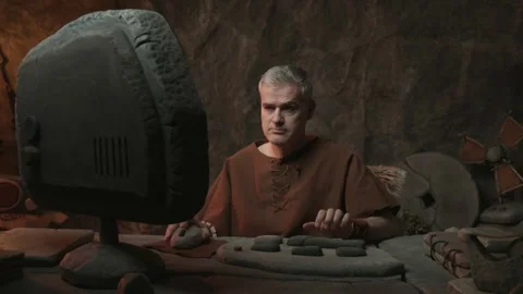 Prehistoric man sitting at his desk and working with a computer Stock Footage 333046653