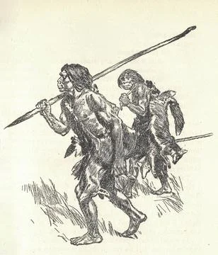Prehistoric men return from the hunt with their catch. Old black and white .. Stock Illustration