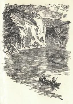 Prehistoric people float in a canoe. Old black and white illustration. Vintag Illustrazione stock