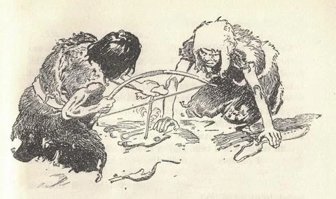 Prehistoric people try to start a fire. Old black and white illustration. Vin Illustrazione stock