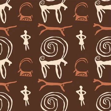 Prehistoric petroglyph seamless pattern with wild animals Stock Illustration