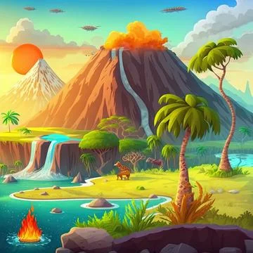 Prehistoric planet landscape cartoon style with volcano Stock Illustration