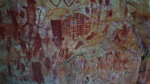 Prehistoric primitive cave art. Red painting of lizard on wall in Brazil Stock Footage 264886084