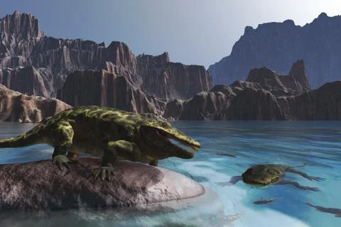 Prehistoric Scene with Eryops Stock Illustration