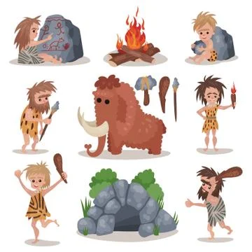 Prehistoric stone age set, primitive people, stone age weapon and tools vector イラスト素材