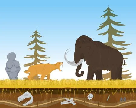 Prehistoric tiger attack ancient mammoth, character animal bite flat vector Stock Illustration