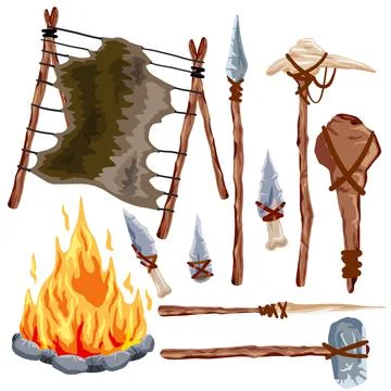 Prehistoric weapons. Set of caveman tools. Primitive spear and stone axe. Stock Illustration