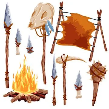 Prehistoric weapons. Set of caveman tools. Primitive spear and stone axe. Stock Illustration