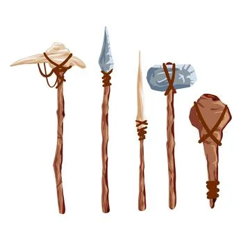 Prehistoric weapons. Set of caveman tools. Primitive spear and stone axe. Stock Illustration