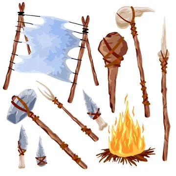 Prehistoric weapons. Set of caveman tools. Primitive spear and stone axe. Stock Illustration