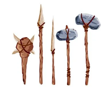 Prehistoric weapons. Set of caveman tools. Primitive spear and stone axe. Stock Illustration