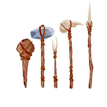 Prehistoric weapons. Set of caveman tools. Primitive spear and stone axe. Stock Illustration