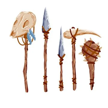 Prehistoric weapons. Set of caveman tools. Primitive spear and stone axe. Stock Illustration
