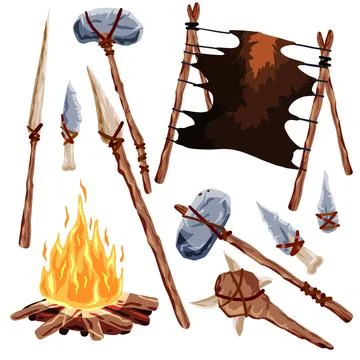 Prehistoric weapons. Set of caveman tools. Primitive spear and stone axe. Stock Illustration