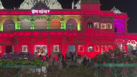 Prem Mandir Vrindavan Illuminated Night View Devotees Walking Stock Footage 328965894