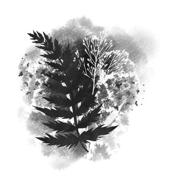 Premade design with wild floral elements and watercolor stain Stock Illustration