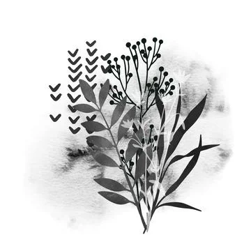 Premade design with wild floral elements and watercolor stain Stock Illustration