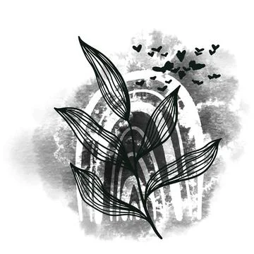 Premade design with wild floral elements and watercolor stain Stock Illustration