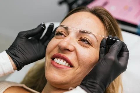 Premicroblading eyebrow design with thread marking Stock Photos