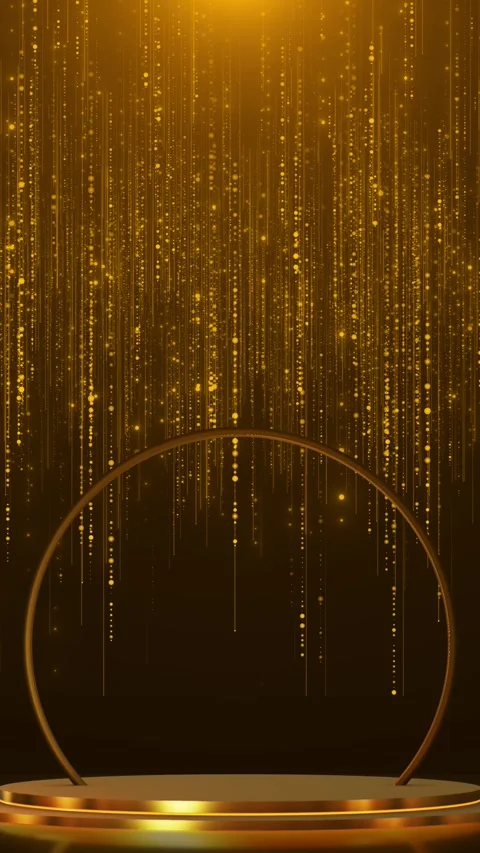 Premium amber pedestal scene falling gold streams, shining specks, dramatic arch Stock Footage 340453023