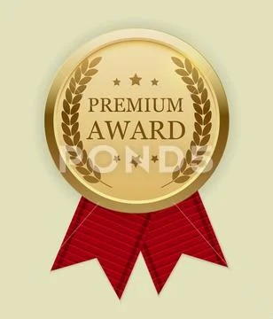 Premium Award Gold Medal with Red Ribbon. Icon Sign Isolated on White  Backgro Illustration #100315264