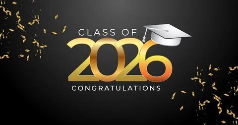 Premium Black and Gold Class of 2026 Graduation Banner with Golden Confetti Stock Illustration