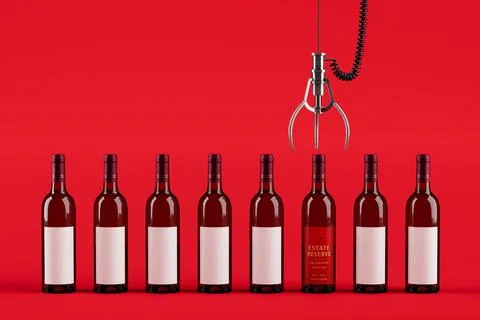 Premium Choice Concept. Red Wine Bottles With One Selected By Claw. 3d Rend.. 스톡 일러스트