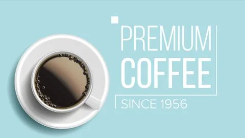 Premium Coffee Background Vector. Blue Backdrop Top View. Realistic White Coffee Stock Illustration