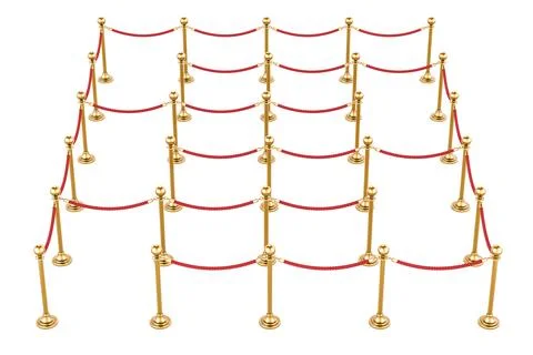 Premium Crowd Control Barriers, red roped line. 3D rendering Stock Illustration