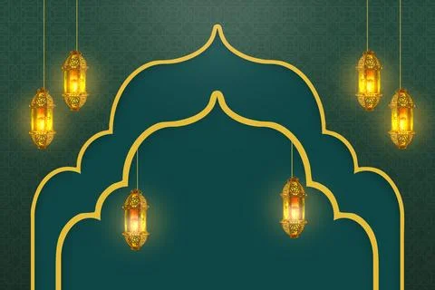 A premium dark teal Islamic background featuring intricate gold arches, glo.. Stock Photos