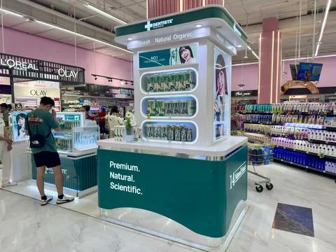 Premium Dentiste toothpaste booth featuring Lisa Blackpink advertisement Stock Photos