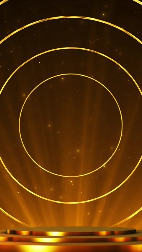 Premium gold ring stage polished platform, concentric circular arches, bright fl Stock Footage 340452165