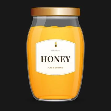 Premium honey jar on dark background with organic label Stock Illustration