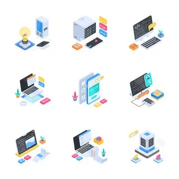 A premium isometric illustration pack featuring modern remote support and online Stock Illustration