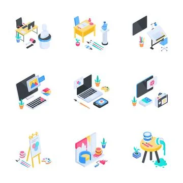 A premium isometric illustration pack featuring modern remote support and online Stock Illustration