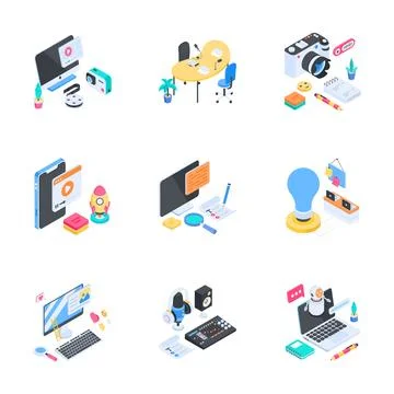 A premium isometric illustration pack featuring modern remote support and online Stock Illustration