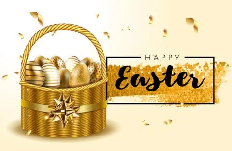 Premium luxury Vip Happy Easter lettering background realistic basket full of Stock Illustration