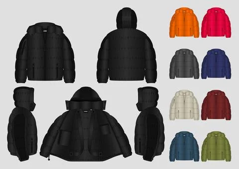 Premium Puffer Jacket Tech Pack Design with Modern Silhouette Stock Illustration