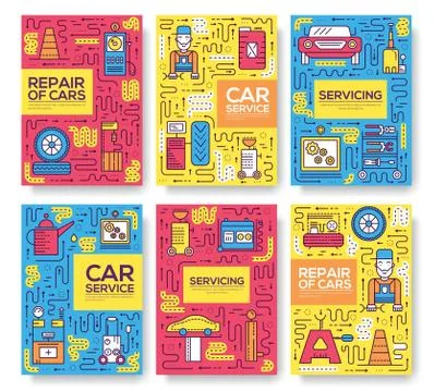Premium quality auto service vector brochure cards thin line set. Worker Stock Illustration