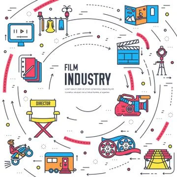 Premium quality cinema industry thin line design set. Filming minimalistic Illustrazione stock