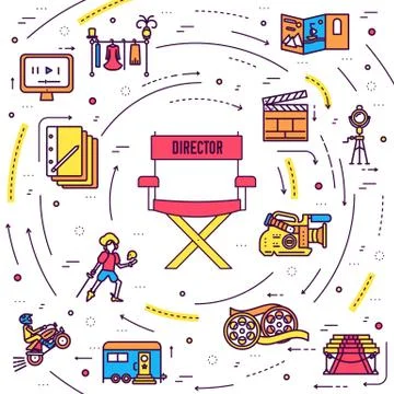 Premium quality cinema industry thin line design set. Filming minimalistic Stock Illustration