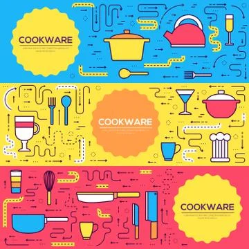 Premium quality cookware vector brochure cards thin line set. Kitchen table Stock Illustration