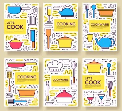 Premium quality cookware vector brochure cards thin line set. Kitchen table Stock Illustration