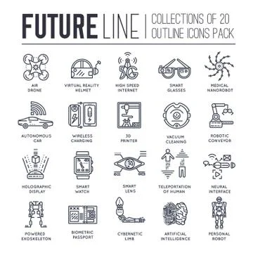 Premium quality future thin line ollection  set. Tomorrow minimalistic symbol Stock Illustration