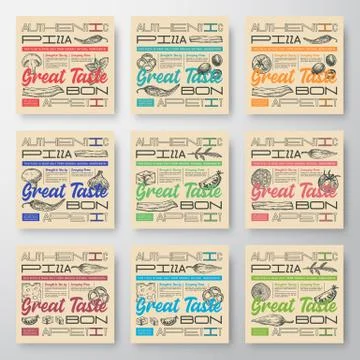 Premium Quality Pizza Labels Set. Abstract Vector Food Packaging Design or Cards Stock Illustration